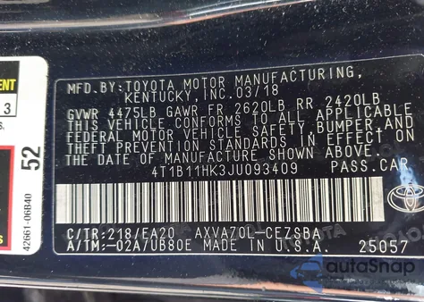 2018 Toyota Camry Se from USA, damaged, VIN 4T1B11HK3JU093409